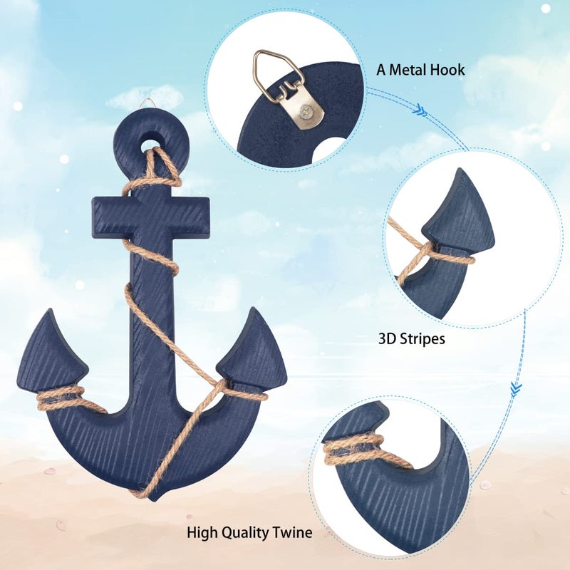 Meching عبوة 2 من عجلة سفينة خشبية بحرية 11" ومرساة خشبية 13" مع حبل زينة بحرية وزخرفة جدارية على شكل عجلة توجيه مرساة لموضوع الشاطئ في ديكور المنزل (أزرق) - Image 5